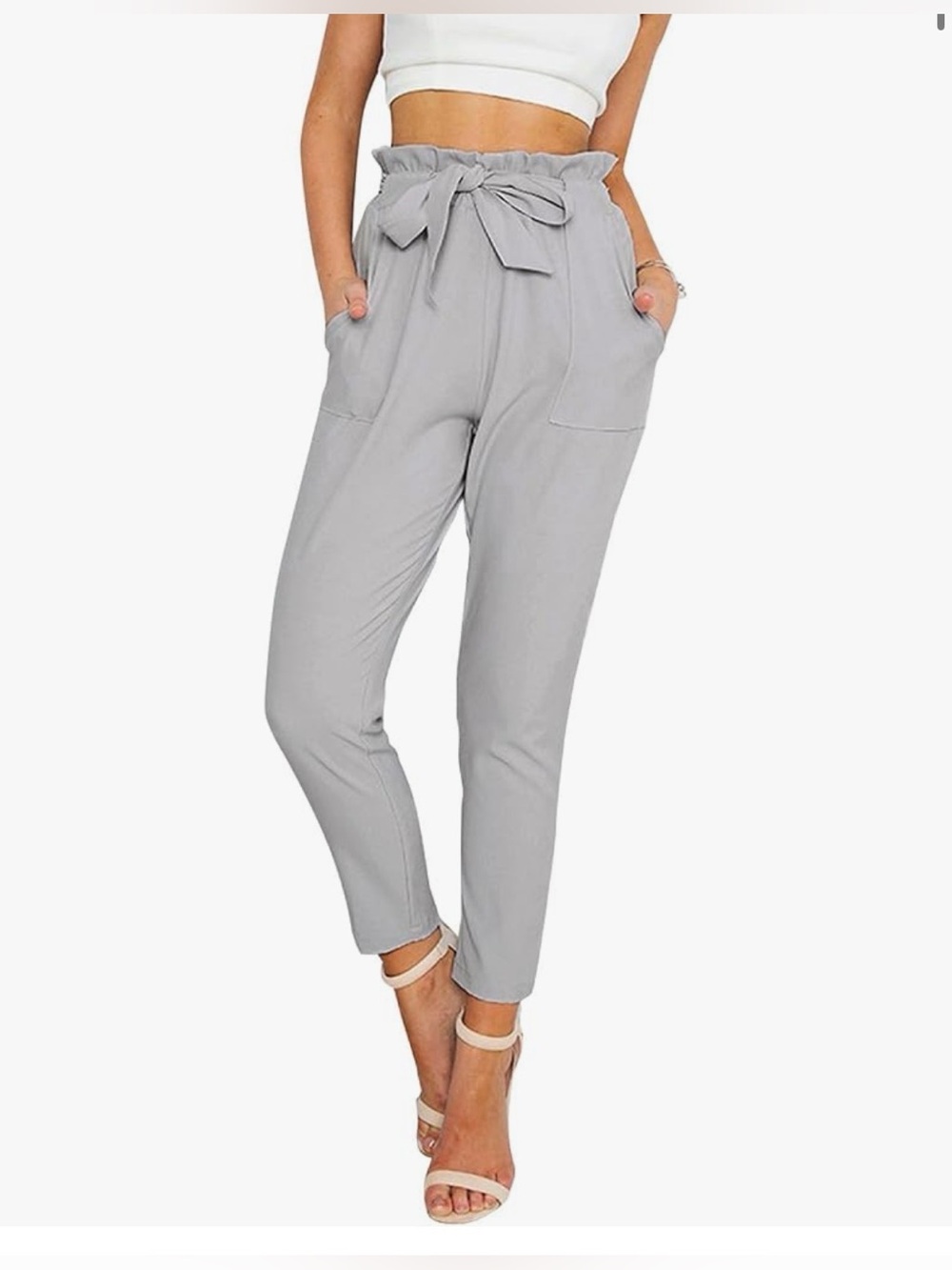 High rise slim trousers pants | paper bag ankle pants grey Small